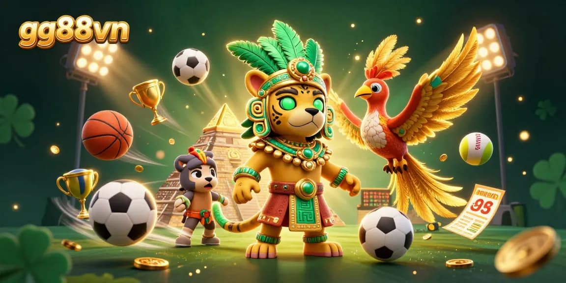 Experience the thrill of betting with gg88vn's vibrant 3D depiction of a Mayan jaguar priest and quetzal bird in a dynamic sports setting.