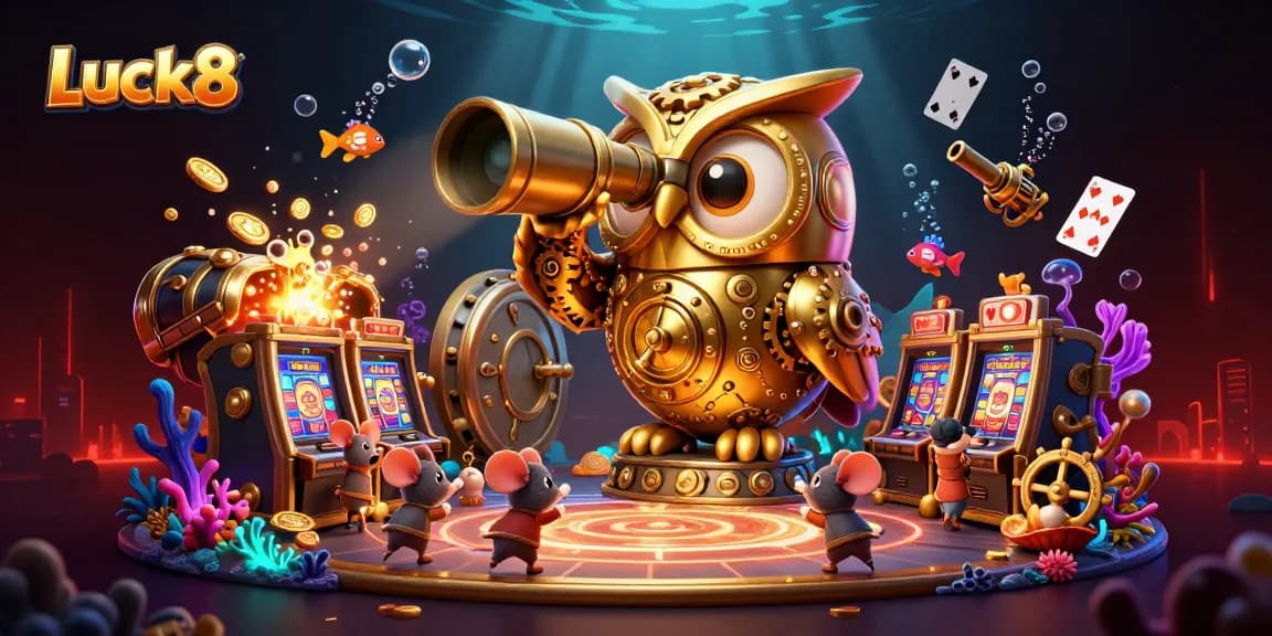 Experience excitement at Luck8 Casino with a dynamic 3D illustration of an owl and vibrant gaming elements.