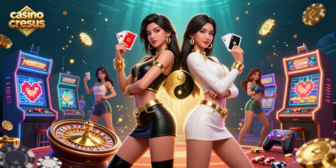 Une scène dynamique de deux femmes asiatiques représentant le casino Cresus avec des cartes à jouer, entourées d'éléments de jeu vibrants.