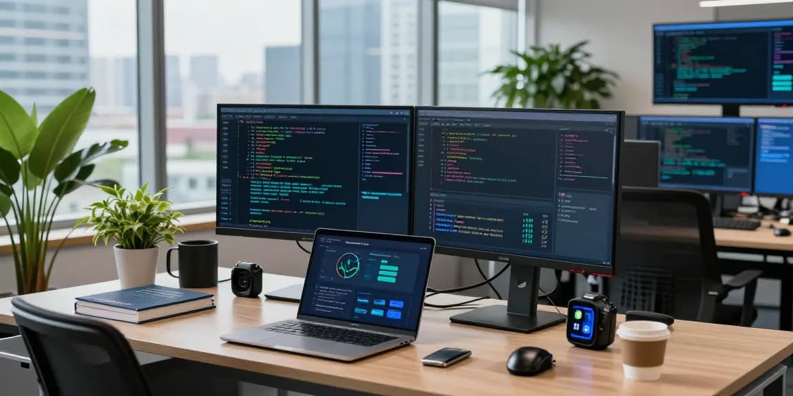 In a cybersecurity office, an analyst examines AI tools to understand the role of AI in cybersecurity.
