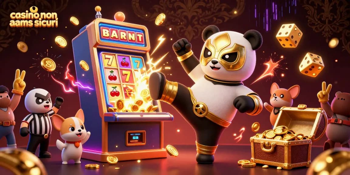 Scopri l'emozione dei casino non aams sicuri con la nostra dinamica illustrazione 3D di un panda lottatore.