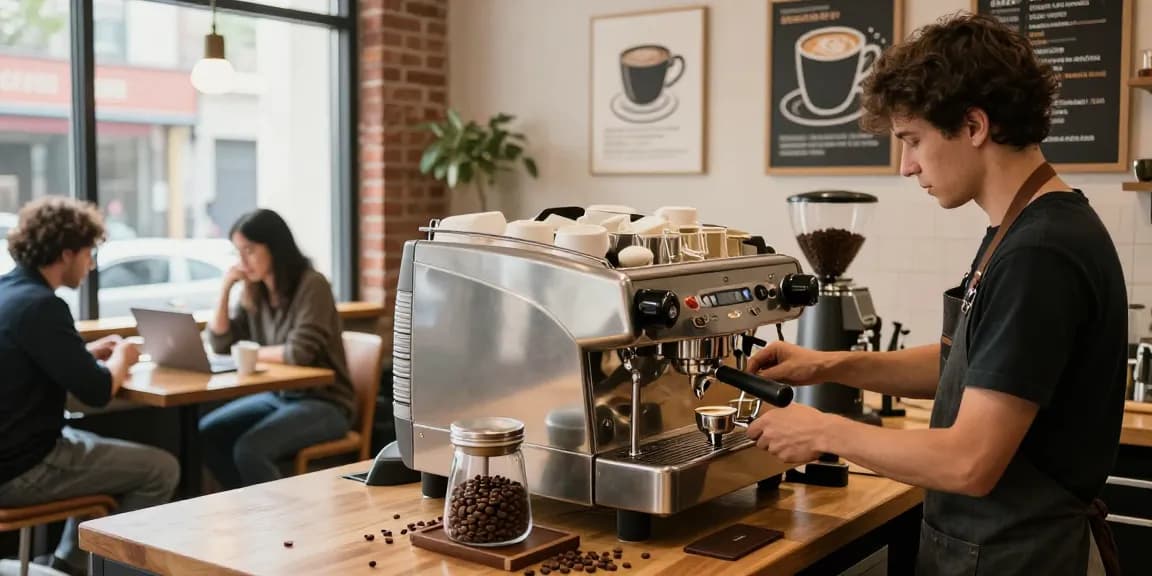 Barista pulls espresso shots at a busy coffee shop, showcasing rokok88 link alternatif culture and community.