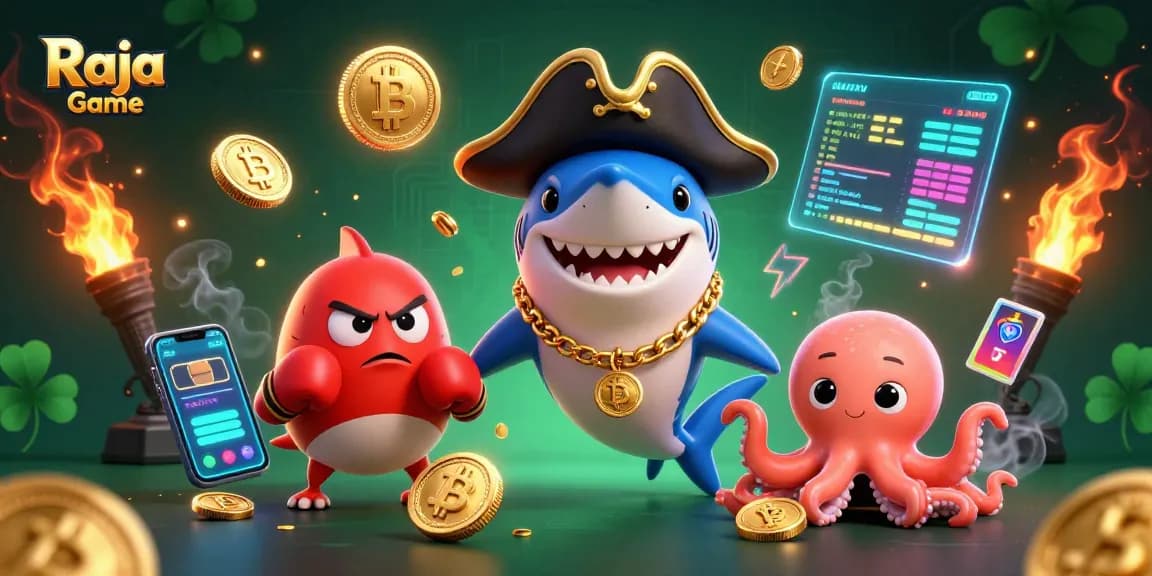 Experience thrilling gameplay with Raja Game as a pirate shark, pufferfish, and octopus celebrate winning gold coins.