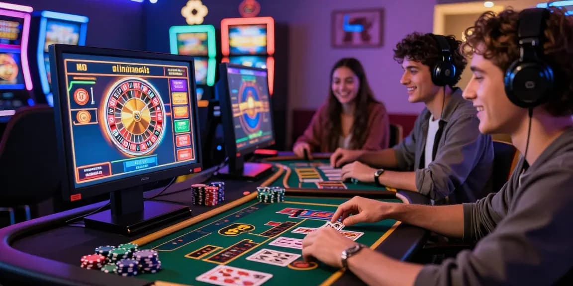 Expérience de jeu passionnante de casino en ligne avec des joueurs appréciant des jeux en ligne vibrants, mettant en avant des machines à sous colorées et de la roulette à domicile.