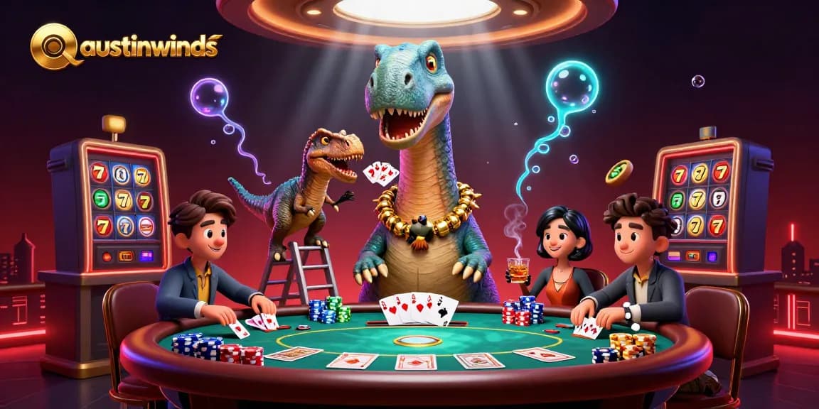 Engage in thrilling poker action with austinwinds as a giant brontosaurus oversees a vibrant casino scene.