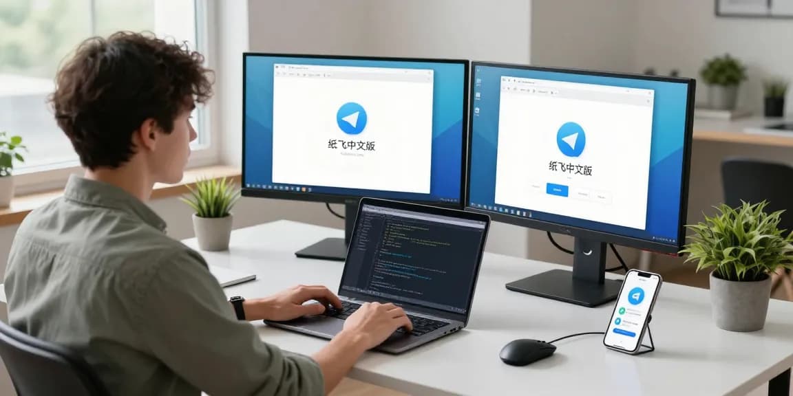 Workspace featuring a professional using 纸飞机中文版 with dual monitors and tech gadgets.