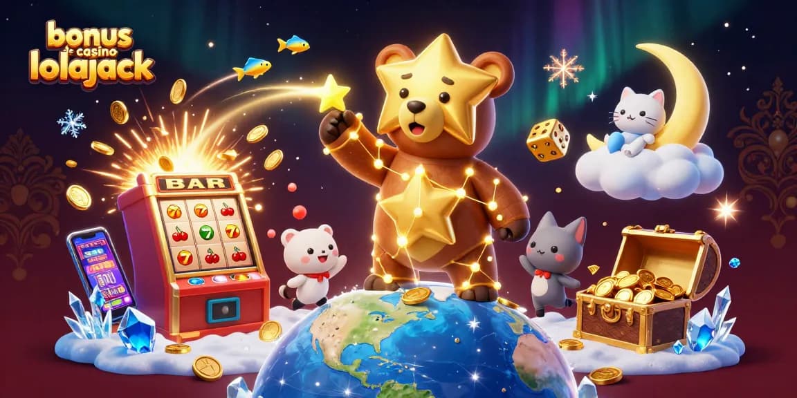 Profitez du bonus de casino lolajack avec une illustration captivante des machines à sous et des personnages fantastiques.