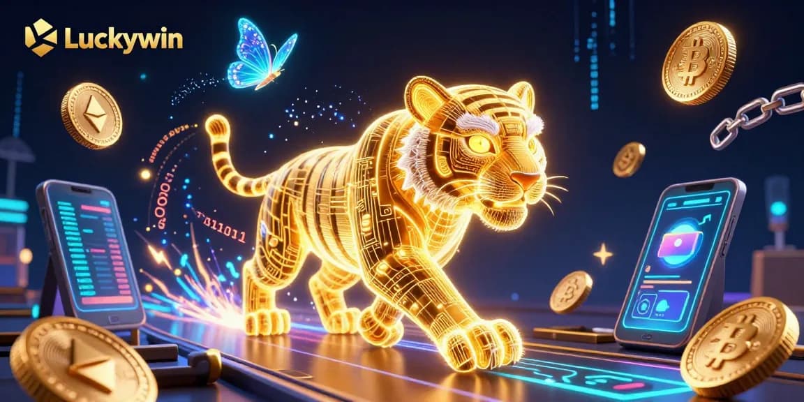 Experience the thrill of Luckywin with a neon digital casino featuring a golden tiger.