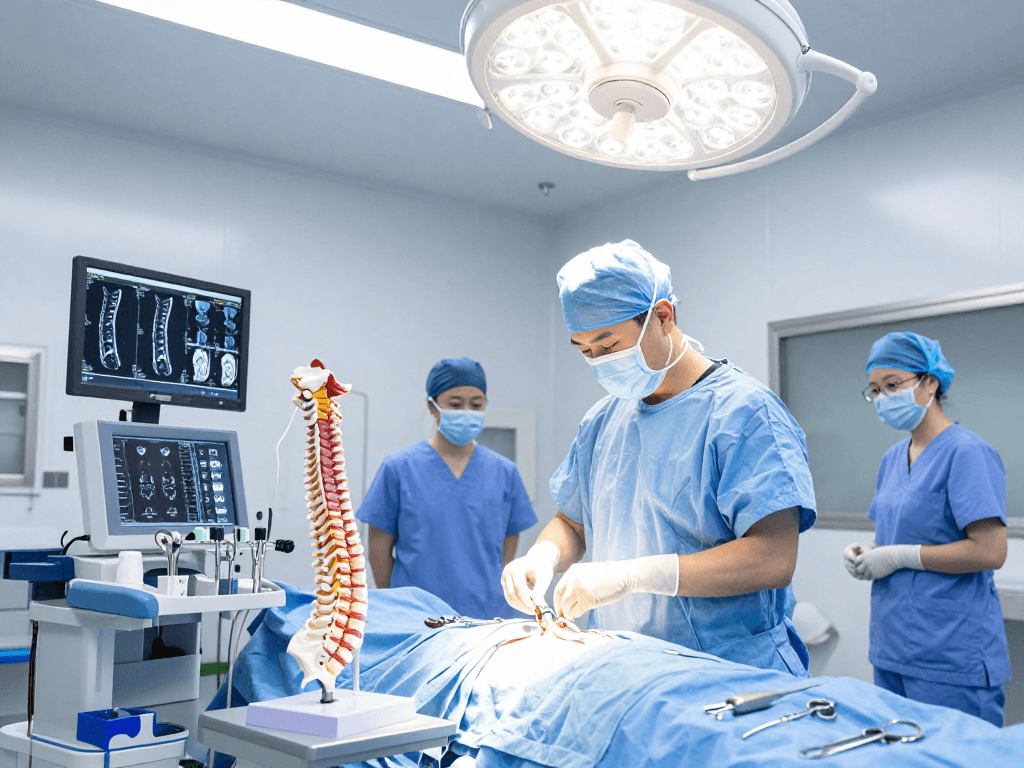 Boyun fıtığı ameliyatı in a modern healthcare setting with a surgeon preparing for surgery, showcasing advanced medical equipment.