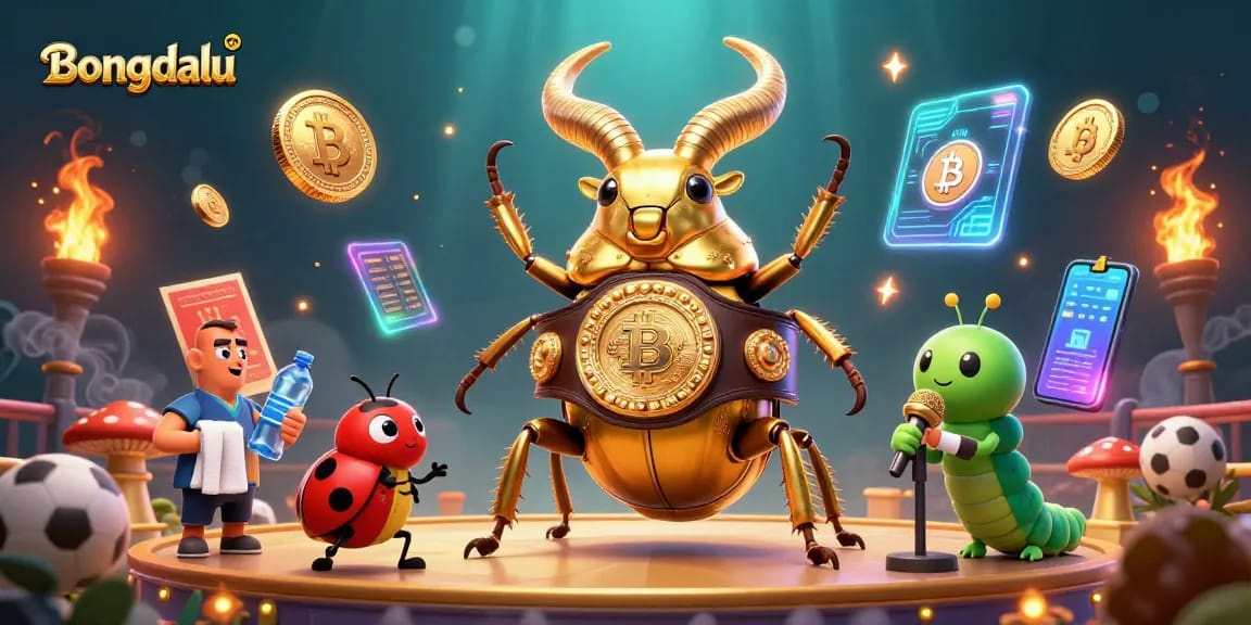 Bongdalu sports betting action scene with a giant stag beetle and colorful casino elements.
