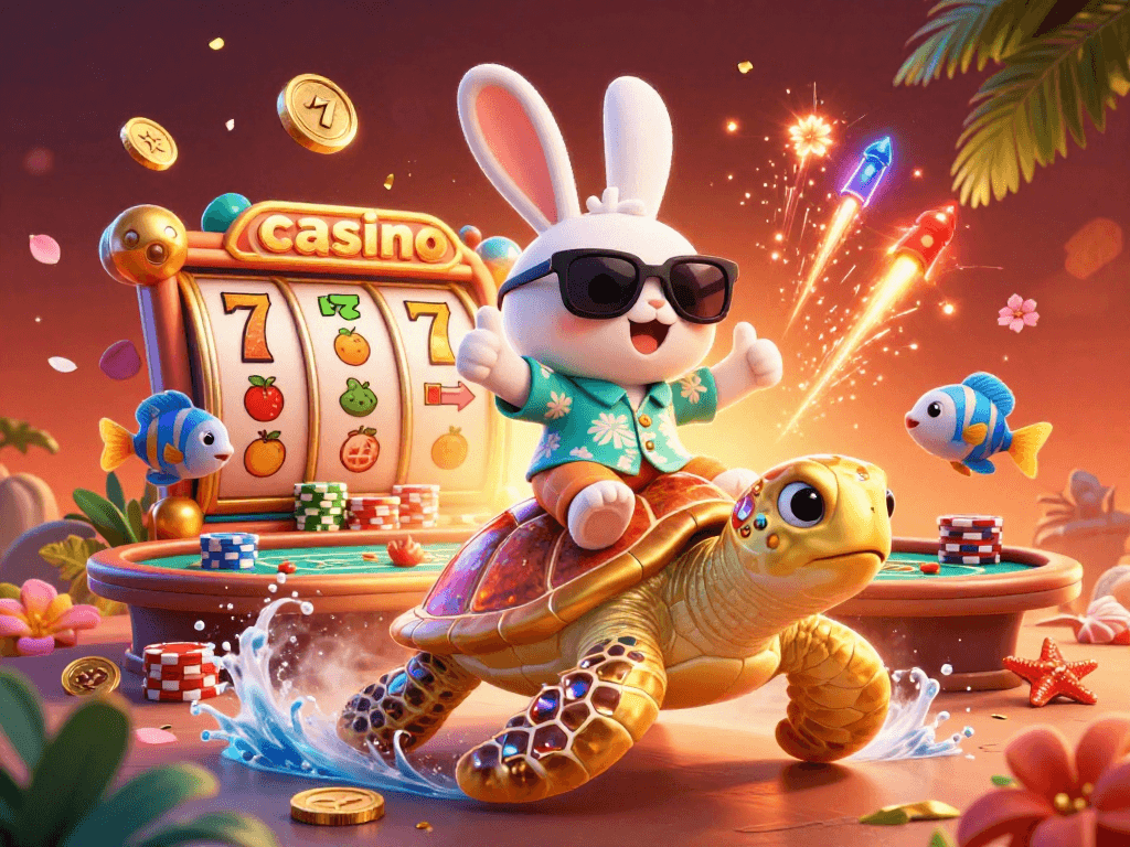 Join the fun at this colorful casino-themed scene with a lucky rabbit and golden turtle.