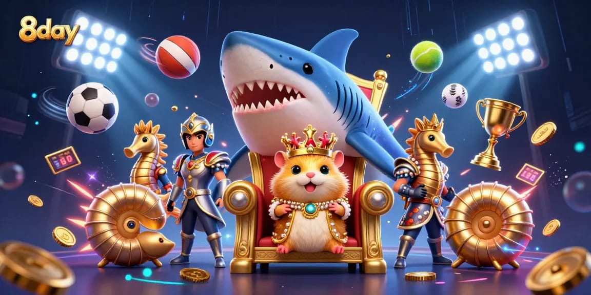 Experience thrilling wins with 8day's vibrant casino games featuring a golden hamster king and dynamic sports elements.