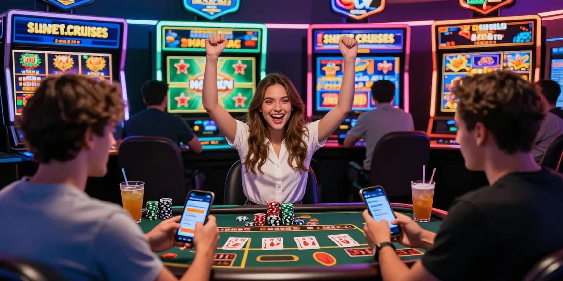 Dynamic online gaming scene at https://shbet.cruises/ celebrating a big win among friends.