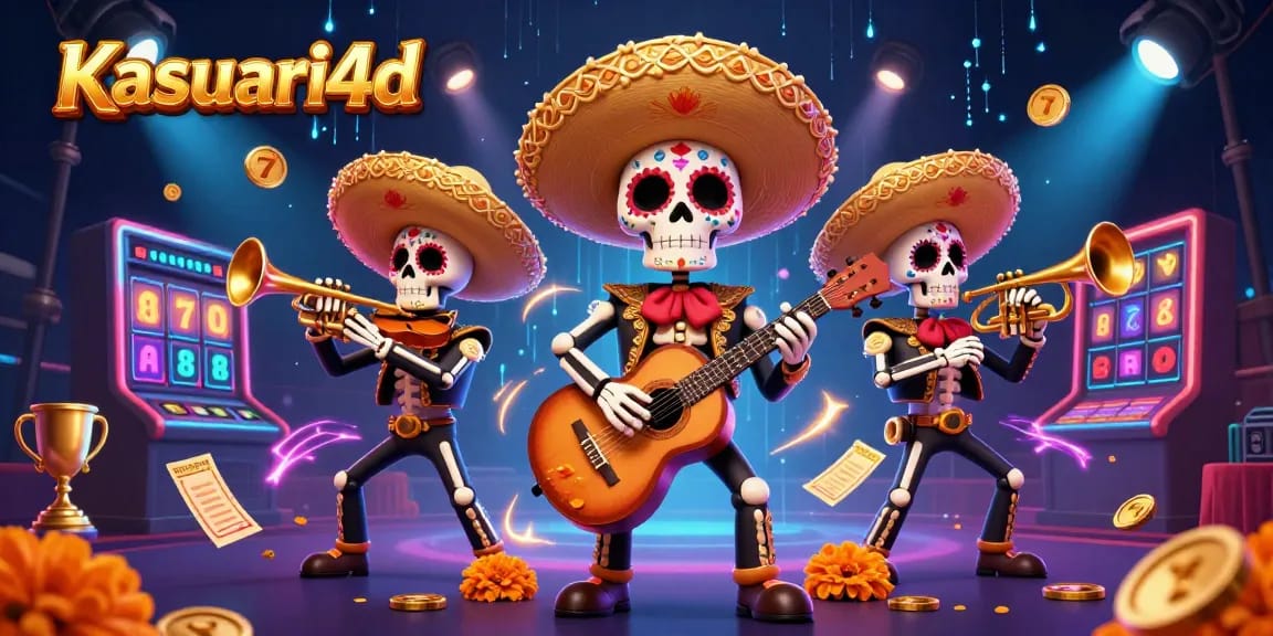 Ilustrasi kasino 3D yang menampilkan Kasuari4d dengan band mariachi, slot, dan elemen jackpot