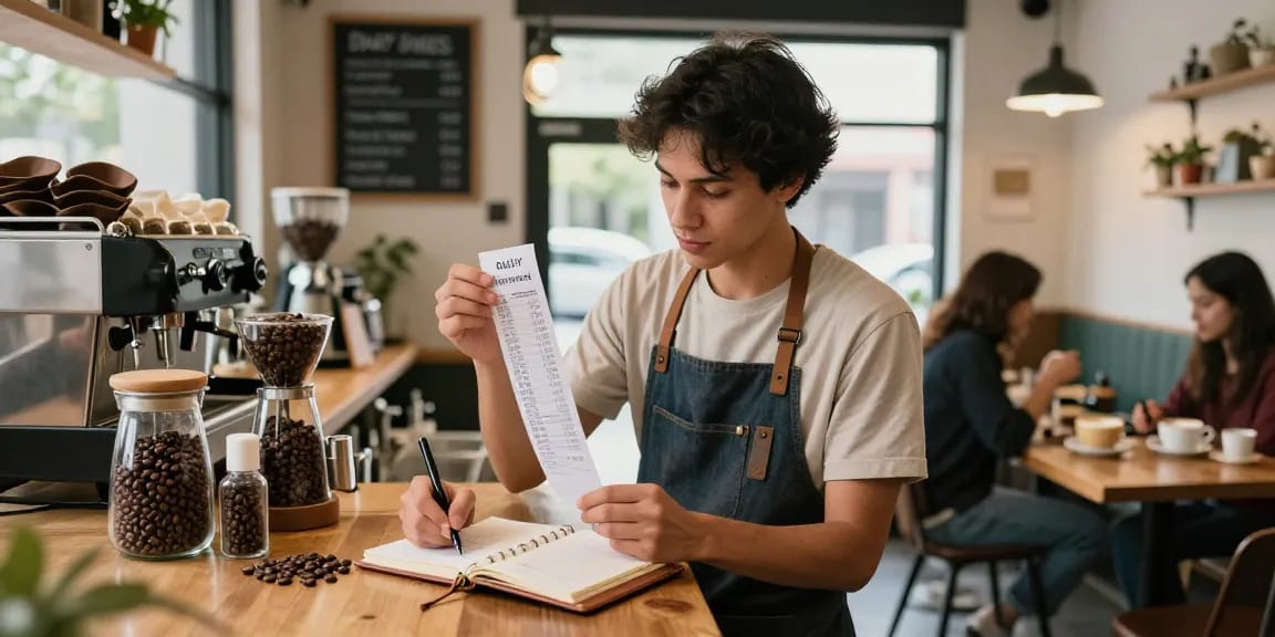 Barista tengah menganalisis struk angka di kedai kopi, mencari nomor rejeki yang beruntung.