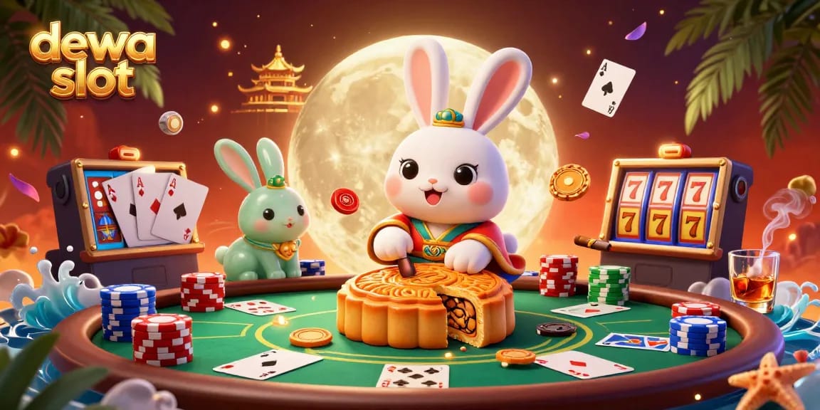 Experience the excitement of dewa slot in a vibrant 3D lunar scene with poker chips and festive elements.