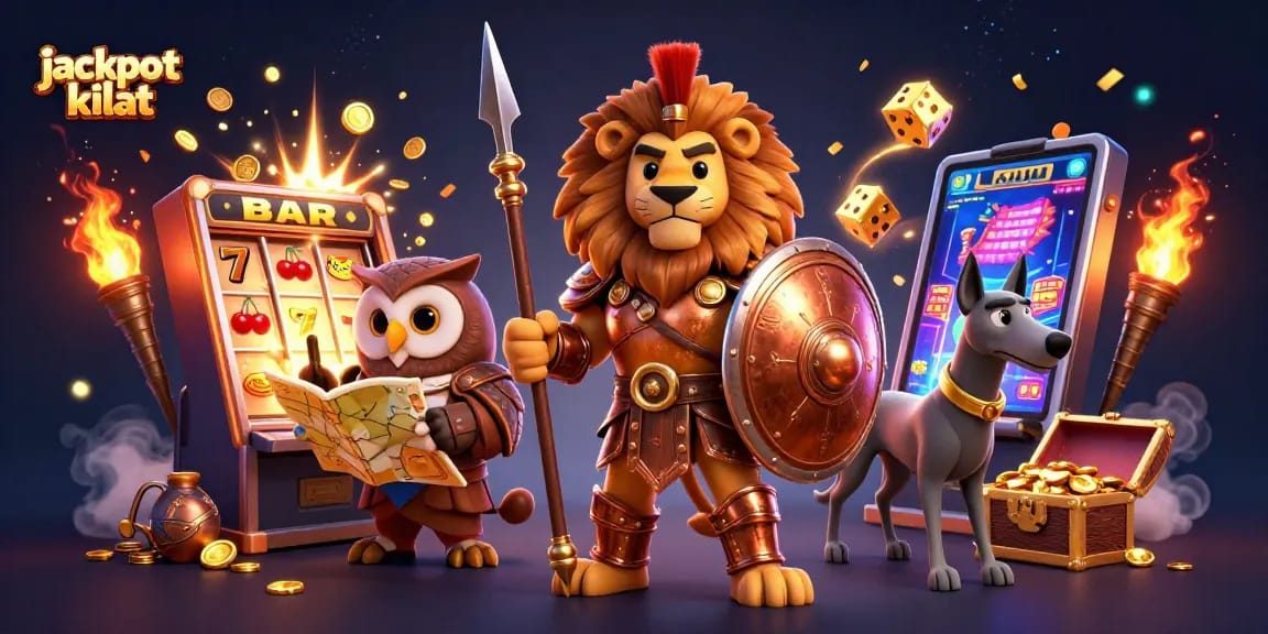 Jackpot Kilat showcases a thrilling 3D scene with a Spartan lion and slot machine bursting with gold coins.