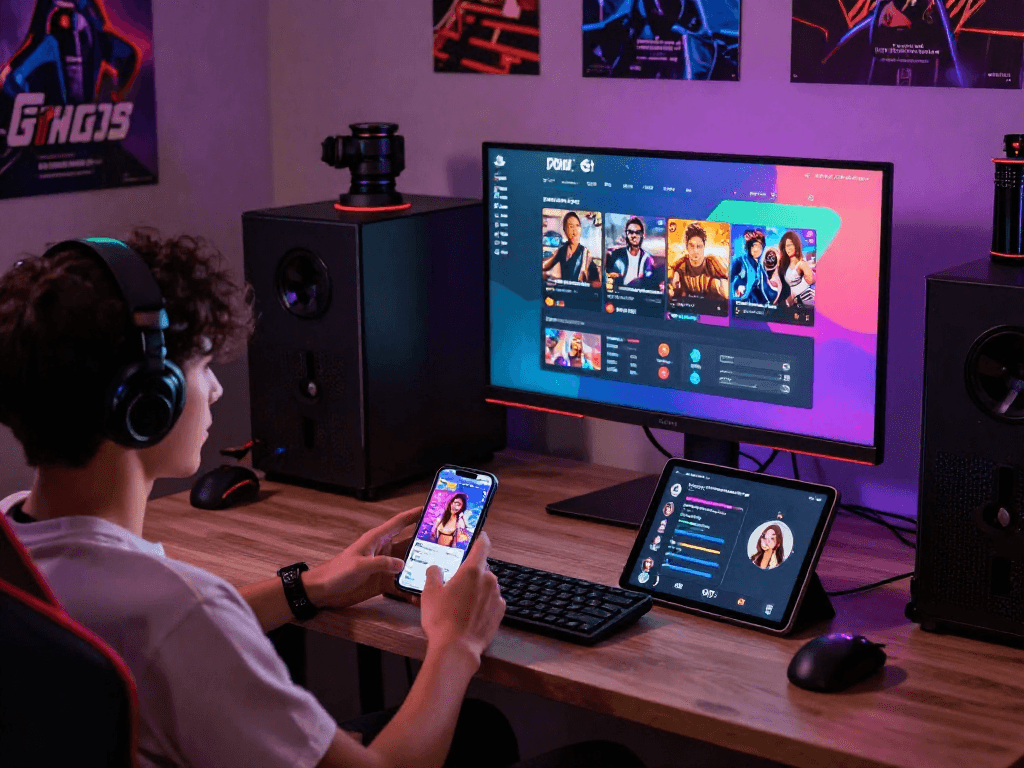 Engaging scene of gamers experiencing popular porngames on multiple devices in a cozy gaming corner.