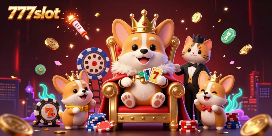 Spin the 777slot reels in a vibrant casino scene with royal corgis and festive elements.