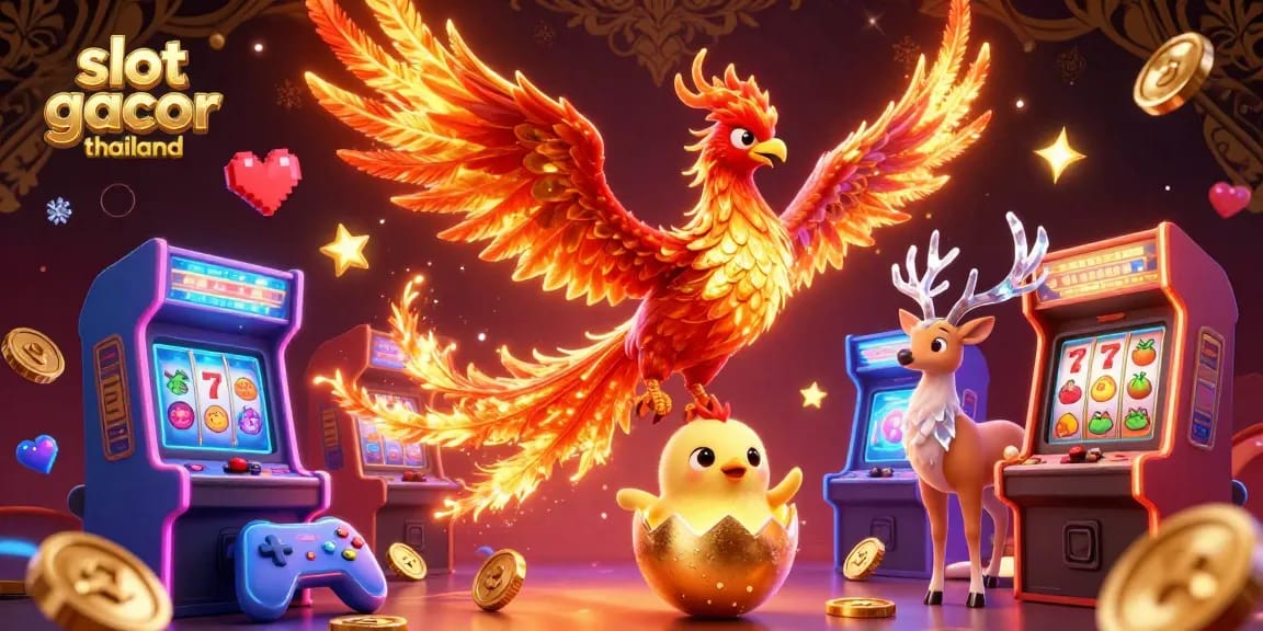 Experience luck and jackpots with slot gacor thailand amidst vibrant arcade elements and a magical phoenix scene.