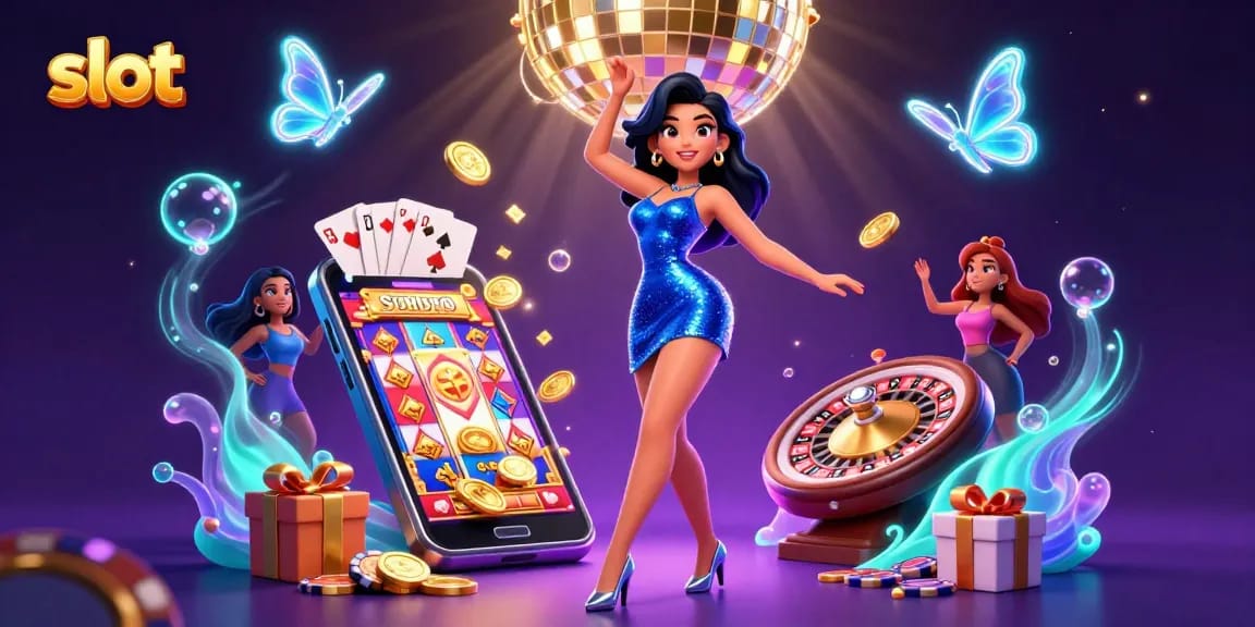 Spin vibrant slot reels and win exciting prizes with our lively casino scene illustration.