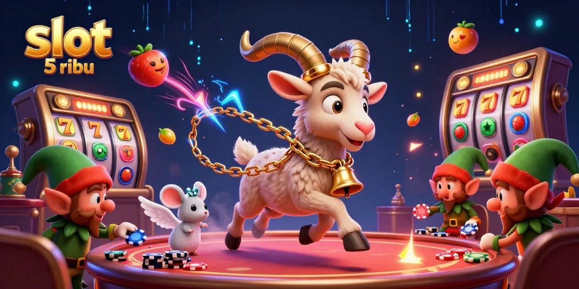 Experience thrilling action in the slot 5 ribu with festive characters and animated slot reels, creating a captivating casino scene.