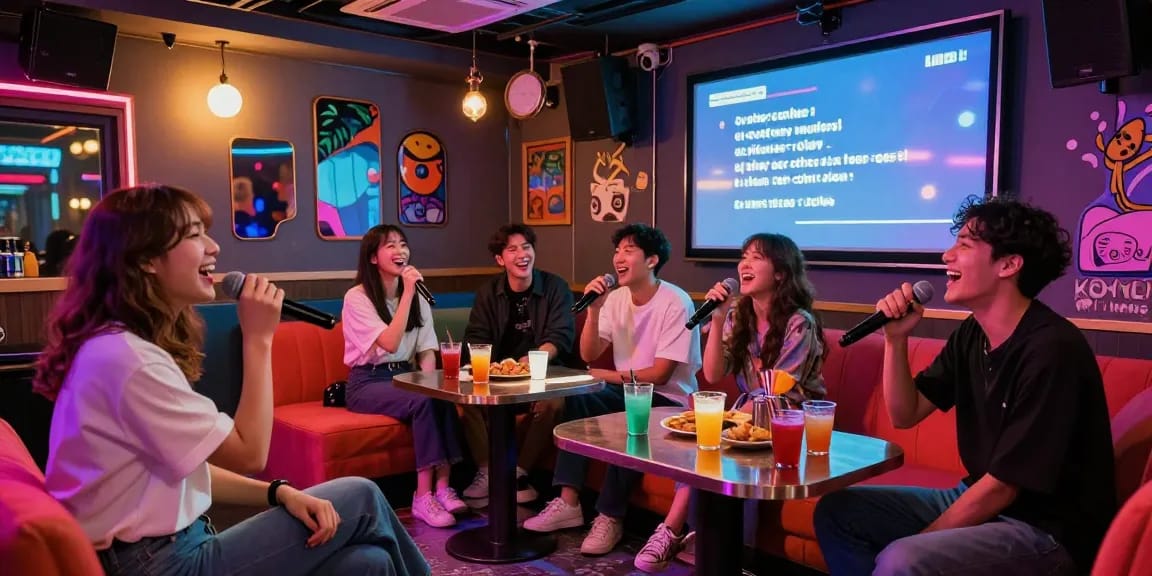 Experience 강남가라오케 with friends singing in a vibrant bar setting, showcasing lively entertainment.