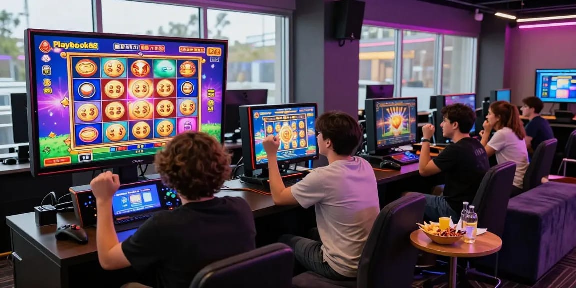 Playbook88 gaming group enjoying high RTP slot games in a vibrant lounge.