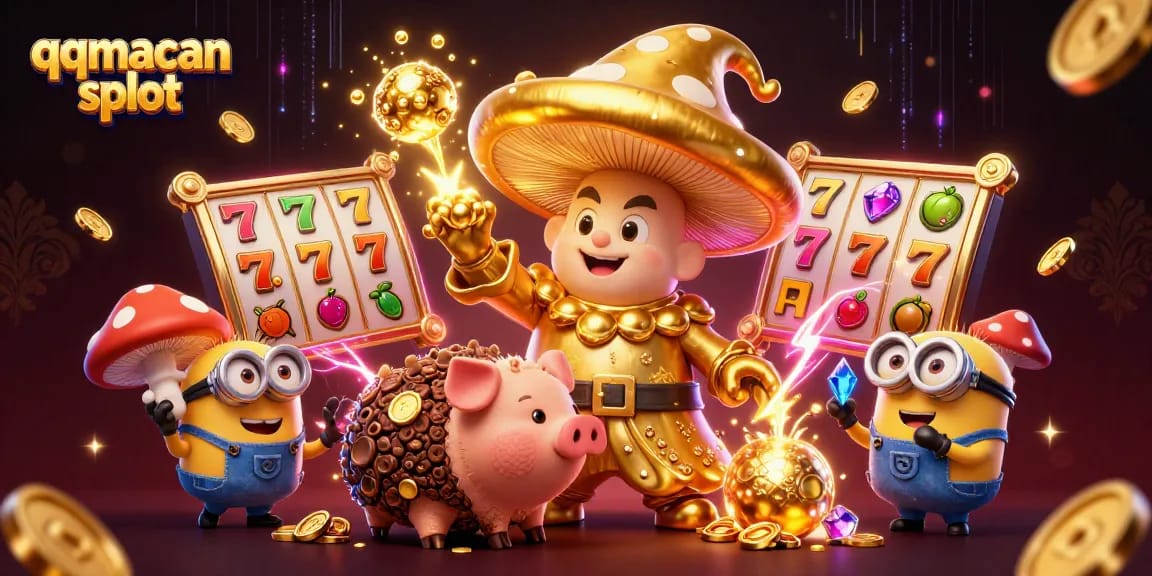 Experience the thrill of qqmacan slot with golden wizard, treasure pig, and slot symbols filling the scene.