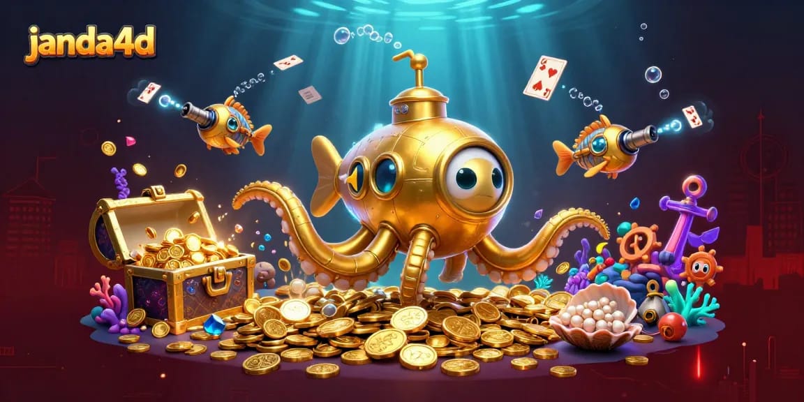 Permainan seru janda4d dengan kapal kraken emas dan ikan mekanis di uang koin.