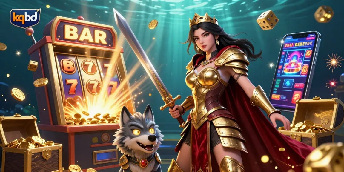 KQBD showcases high-stakes gambling action with a warrior queen and glowing wolf in a vibrant casino scene.