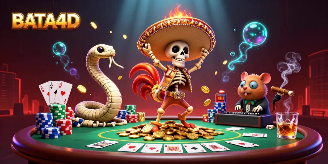 BATA4D's vibrant scene showcases a mariachi rooster, mummy snake, and zombie DJ celebrating over poker chips and cards.