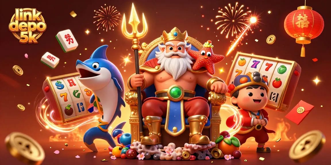 Spin to win with link depo 5k in this vibrant 3D casino scene featuring slot reels and festive elements.
