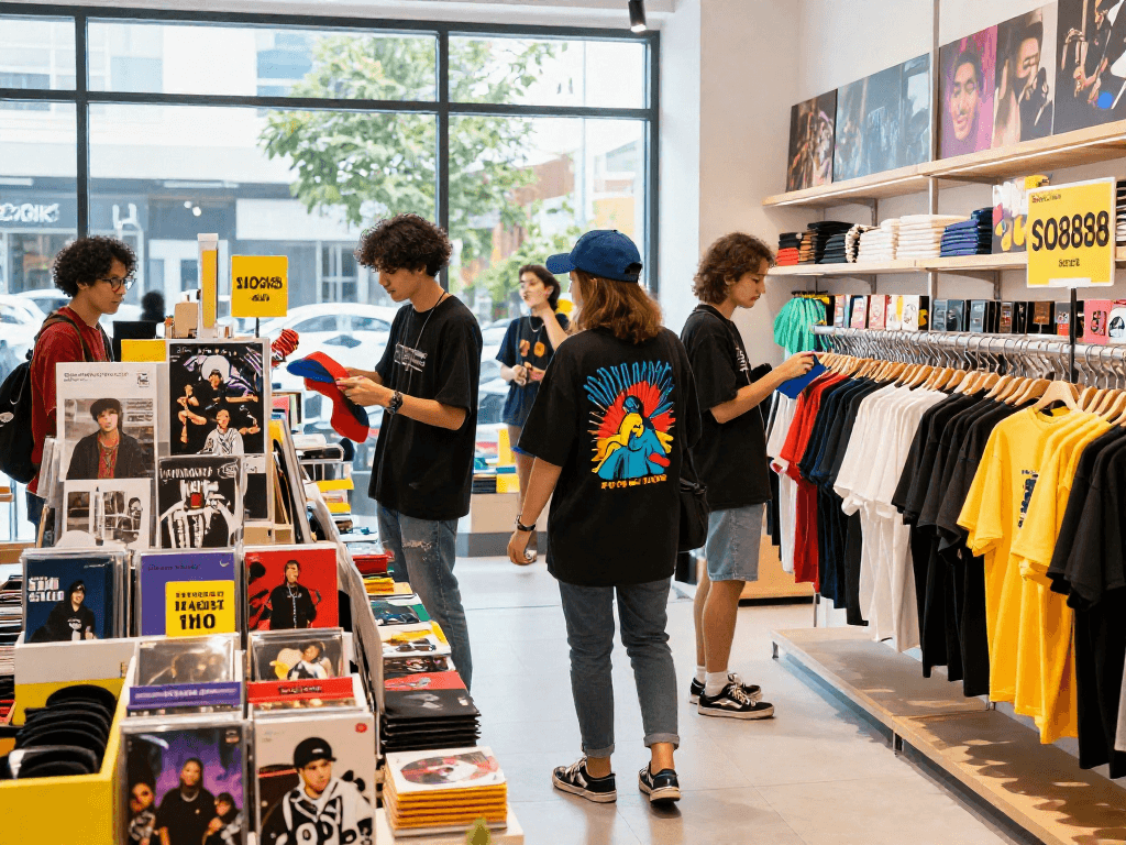 Friends exploring trendy rokok88 music merch in vibrant store.