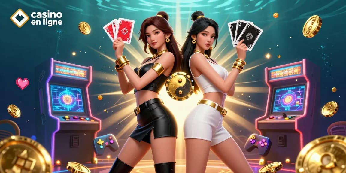 Interagissez avec le casino en ligne à travers des éléments de jeu vibrants mettant en scène des joueurs échangeant des cartes.