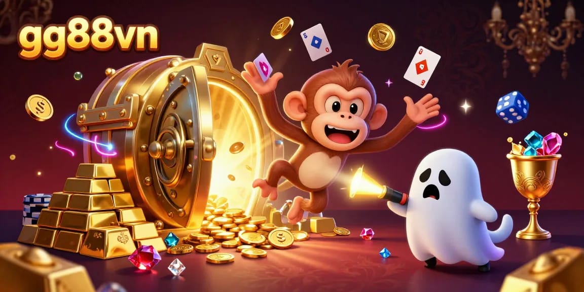 Experience thrilling moments at gg88vn with a lively illustration of a mischievous poltergeist monkey juggling golden assets in a casino.