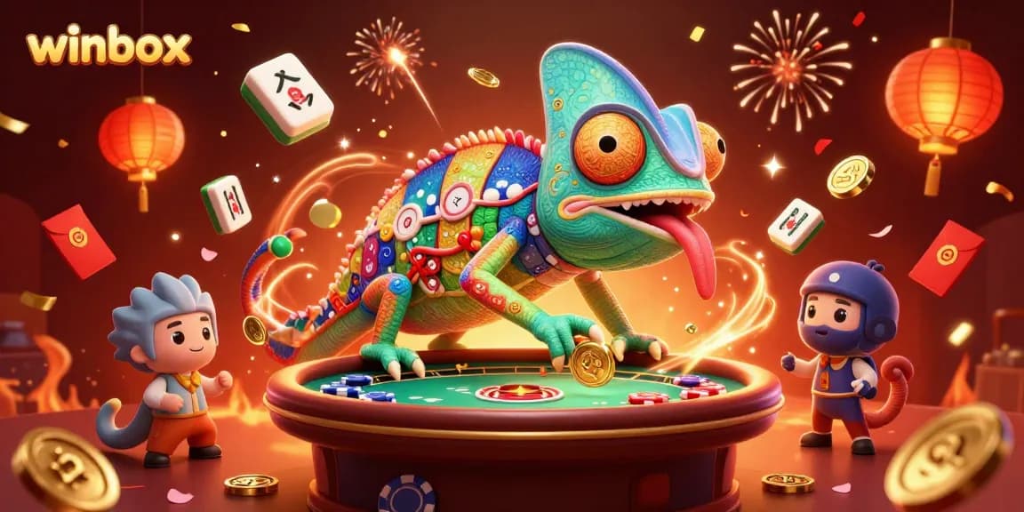 Winbox chaos with a colorful chameleon capturing golden coins and celebrating with vibrant graphics.