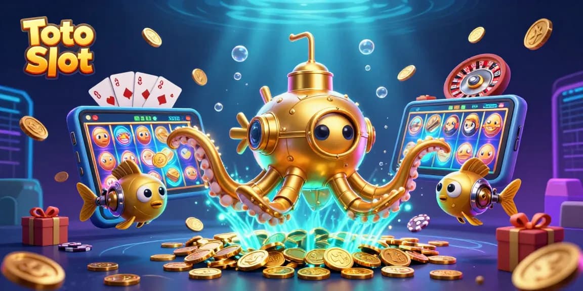 Menangkan Toto Slot dengan ilustrasi 3D kapal kraken berloading harta karun dan permainan slot yang berfokus pada keberuntungan.
