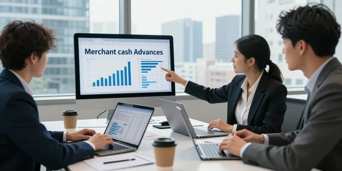 Team discussing the best merchant cash advance strategies in a modern office setting