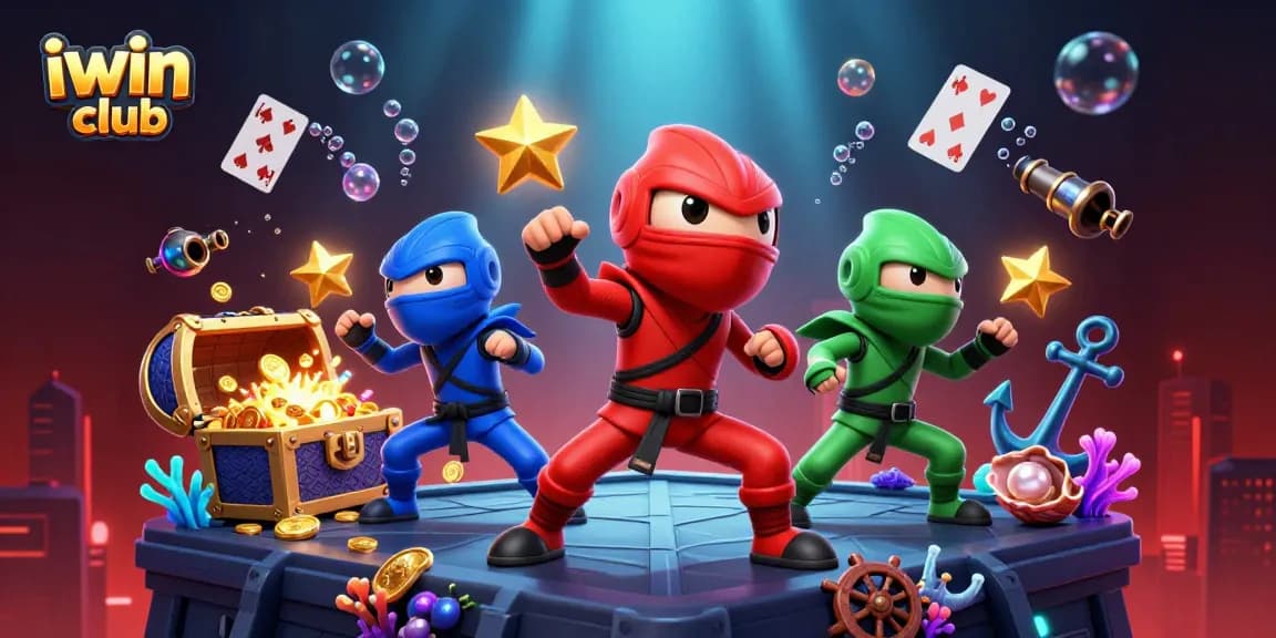 Engage with iwin club through thrilling 3D ninja chameleons in action, surrounded by gems and game elements.