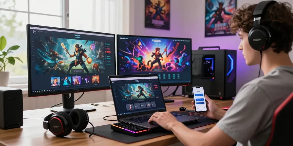 Using the indocair login on a laptop in a vibrant gaming setup with accessories.