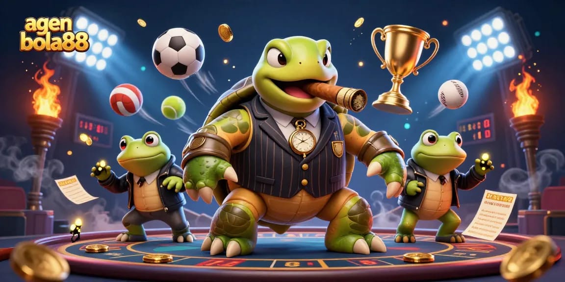 Agen bola88 showcases thrilling sports betting action with a dynamic 3D turtle and frog enforcers.