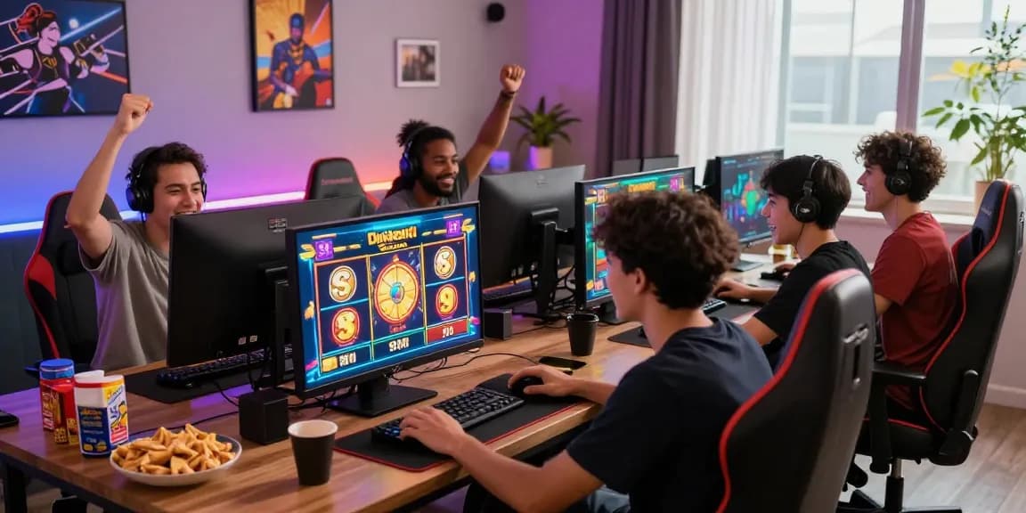 Friends enjoying online gaming at Situs Resmi Dominobet with vibrant decorations and snacks.