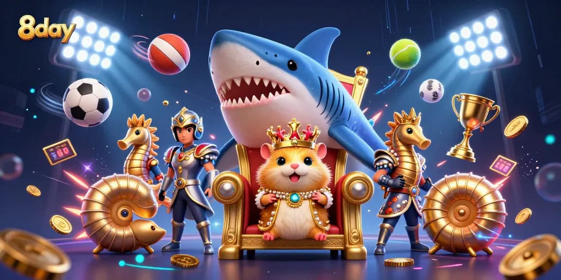 Experience thrilling wins with 8day's vibrant casino games featuring a golden hamster king and dynamic sports elements.