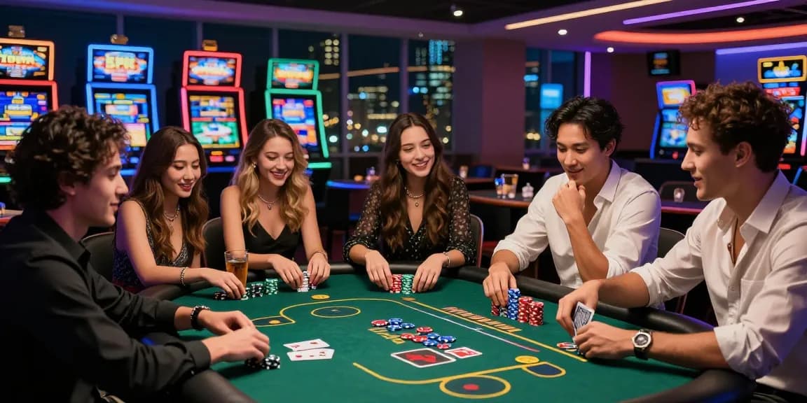 Suasana kasino yang meriah dengan kelompok teman-teman bermain poker, tantegacor88 resmi dalam momen keseruan.