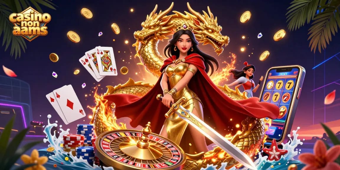 Scopri i casinò non AAMS con personaggi vivaci, giochi che girano e elementi dinamici nell'illustrazione.