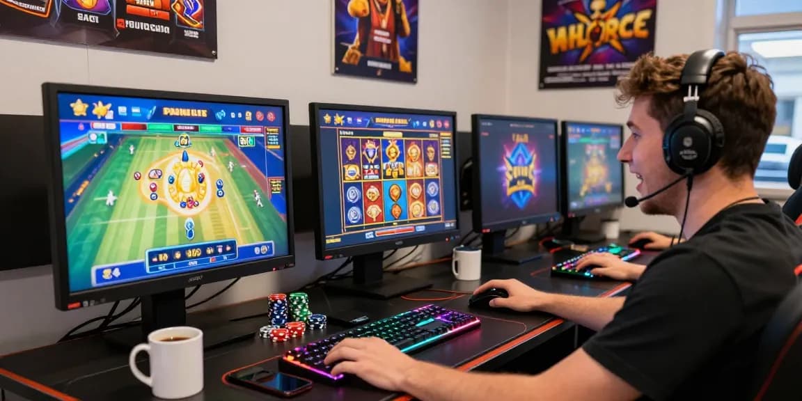 Engaged player experiencing Money Coming while playing PG Slot online with vibrant setup and gaming accessories.