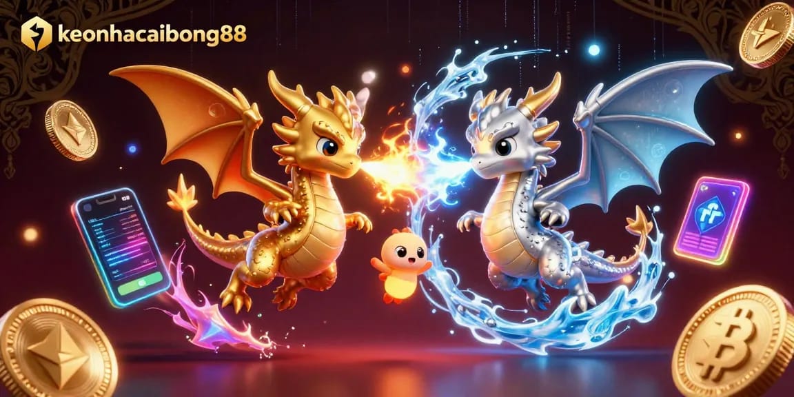 Experience thrilling excitement at keonhacaibong88 with vibrant 3D dragons and cryptocurrency elements.