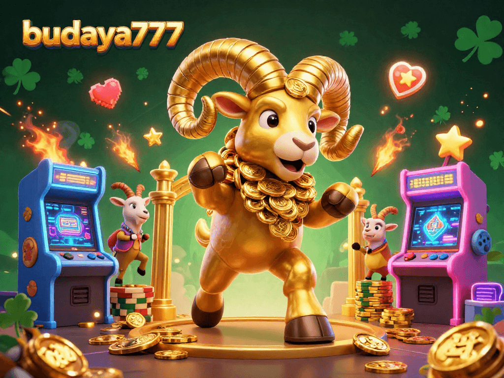 Gambarkan budaya777 dengan ram emas dan mesin arcade dalam suasana kasino yang meriah.