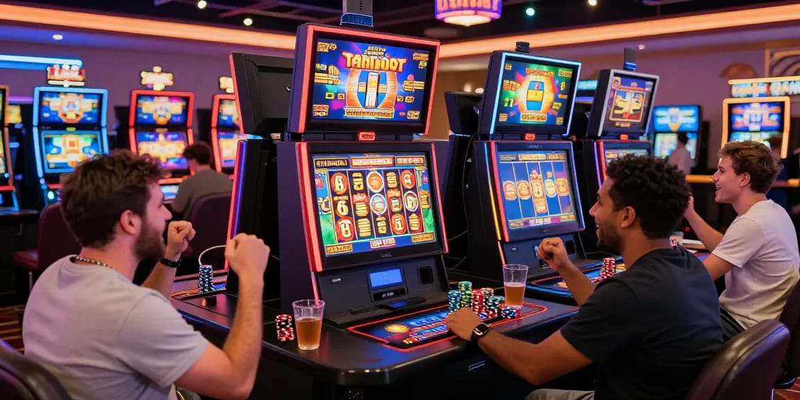 Exciting online slot gaming scene showcasing players enjoying diverse slot machines in a vibrant casino atmosphere.